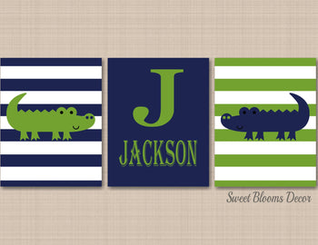 Alligators Nursery Wall Art Navy Blue Green Crocodile Baby Boy Kids Bedroom Decor Name Monogram Baby Shower Gift C492-Sweet Blooms Decor