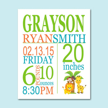 Animals Birth Print,Animals Birth Announcement,Safari Nursery ,Safari Nursery Decor,Animals Baby Shower - PRINT OR CANVAS-Sweet Blooms Decor