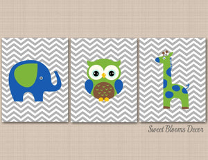 Animals Boy Nursery Wall Art Elephant Giraffe Owl Blue Green Gray Brown Chevron Baby Boy Bedroom Decor Shower Gift C374-Sweet Blooms Decor