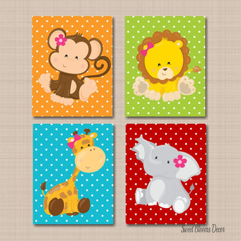 Animals Girl Nursery Decor Wall Art Polkadots Floral Lion Monkey Giraffe Elephant Bows Ribbons Modern Baby Girl Bedroom RINTS OR CANVAS C611-Sweet Blooms Decor