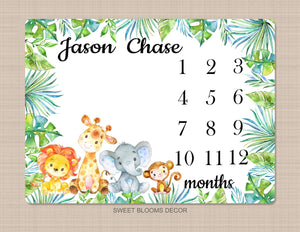 Animals Milestone Blanket African Safari Baby Boy Jungle Zoo Forest Tropical Leaves Greenery Monthly Personalized Baby Shower Gift B1009
