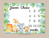Animals Milestone Blanket African Safari Baby Boy Jungle Zoo Forest Tropical Leaves Greenery Monthly Personalized Baby Shower Gift B1009