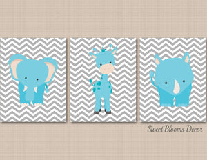 Animals Nursery Decor Boy Wall Art Elephant Giraffe Hippo Kids Blue Gray Chevron Baby Bedroom Decor Shower Gift C511-Sweet Blooms Decor