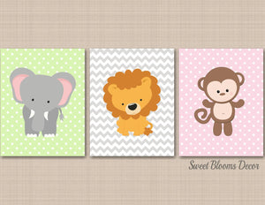 Animals Nursery Decor Girl Wall Art Monkey Elephant Lion Pink Gray Green Chevron Baby Girl Bedroom Decor Shower Gift C464-Sweet Blooms Decor