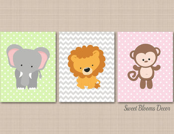 Animals Nursery Decor Girl Wall Art Monkey Elephant Lion Pink Gray Green Chevron Baby Girl Bedroom Decor Shower Gift C464-Sweet Blooms Decor