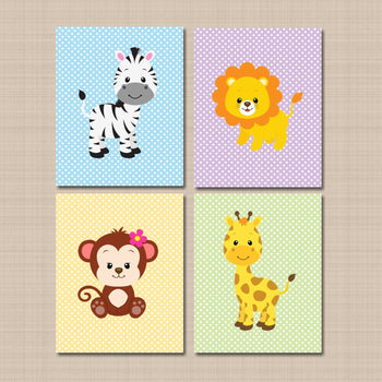 Animals Nursery Decor Wall Art Purple Blue Yellow Green Pastel Polkadots Boy Girl Neutral Monkey Giraffe Lion Zeba C269-Sweet Blooms Decor
