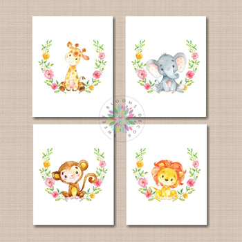 Animals Nursery Wall Art Safari Nursery Girl Animals Floral Nursery Decor Watrcolor Giraffe Elephant Monkey Lion Shower Gift C703-Sweet Blooms Decor
