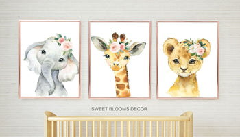 Animals Nursery Wall Art Watercolor Safari Girl Pink Coral Blush Floral Modern Boho Flowers Gift Baby Room Decor C818-Sweet Blooms Decor