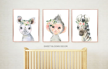Animals Nursery Wall Art Watercolor Safari Girl Pink Coral Blush Floral Modern Boho Flowers Gift Baby Room Decor C818-Sweet Blooms Decor