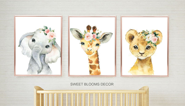 Animals Nursery Wall Art Watercolor Safari Girl Pink Coral Blush Flora ...