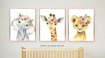 Animals Nursery Wall Art Watercolor Safari Girl Pink Coral Mint Floral Modern Flowers Gift Room Decor Cloud Island C857-Sweet Blooms Decor