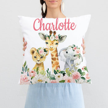 Jungle Safari Animals Girl Nursery Pillow with Blush Pink Flowers P242