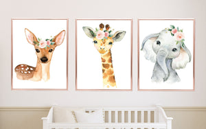 Animals Girl Nursery Wall Art Elephant Deer Giraffe with Blush Pink Flowers  C988
