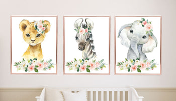 Jungle Animals Nursery Wall Art Watercolor Girl Blush Pink Coral Roses Floral Safari Boho Flowers Gift Baby Room Decor PRINTS OR CANVAS C972 