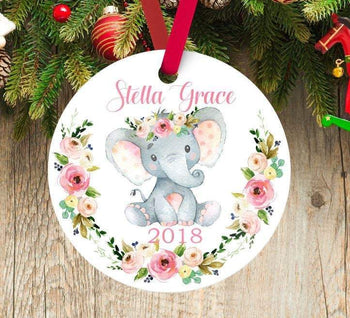 Baby Christmas Ornament Elephant Personalized Floral Baby Girl 1st First Christmas Shower Gift New Baby Holiday floral Ornament Flowers