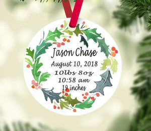 Baby Christmas Ornament Personalized Birth Announcement Wreath Baby Girl Boy 1st First Christmas Baby Shower Gift New Baby Shower Gift  151