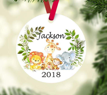 Baby Christmas Ornament Safari Animals Personalized Baby Boy 1st First Christmas Baby Shower Gift New Baby Lion Elephant Giraffe Monkey 154
