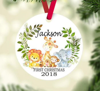Baby Christmas Ornament Safari Animals Personalized Baby Boy 1st First Christmas Baby Shower Gift New Baby Lion Elephant Giraffe Monkey 154