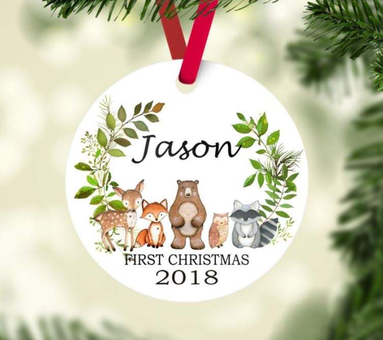 Baby Christmas Ornament Woodland Animals Personalized Baby Boy 1st First Christmas Mountain Forest Shower Gift New Baby Holiday Ornament