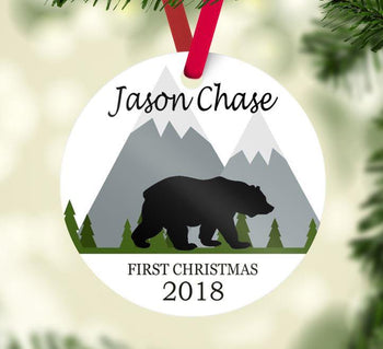 Baby Christmas Ornament Woodland Bear Personalized Baby Boy 1st First Christmas Mountain Forest Shower Gift New Baby Holiday Ornament