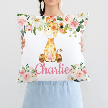 Baby Giraffe and Blush Pink Floral Nursery Pillow