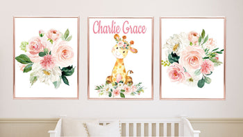 Giraffe and Blush Pink Coral Floral Nursery Wall Art