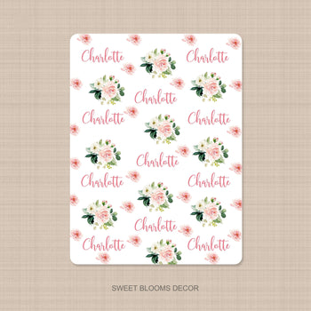 Baby Girl Floral Name Blanket Blush Pink Coral Watercolor Flowers Personalized Baby Shower Gift Monogram Swaddle Fleece B1027