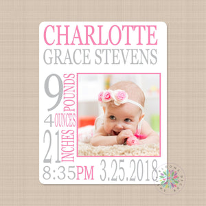 Baby Girl Photo Name Blanket Personalized Birth Announcenent Photo Blanket Pink Gray Birth Stats Baby Shower Gift Nursery Bedding Decor B571