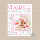 Baby Girl Photo Name Blanket Personalized Birth Announcenent Photo Blanket Pink Gray Birth Stats Baby Shower Gift Nursery Bedding Decor B571