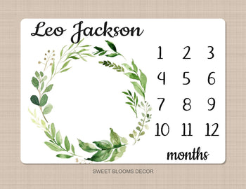Baby Milestone Blanket Boy Girl Green Leaves Wreath Leaf Laurel Eucalyptus Gender Neutral Personalized Newborn Photo  Baby Shower Gift  849