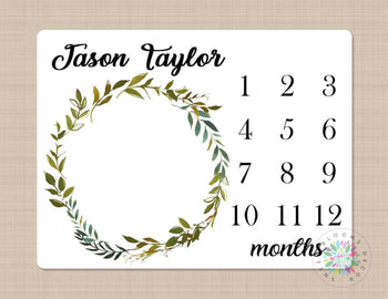Baby Milestone Blanket Boy Laurel Green Leaves Wreath Blanket Monthly Growth Tracker Boy Girl Newborn Baby Boy Blanket Baby Shower Gift B353