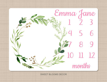 Baby Milestone Blanket Floral Girl Wreath Green Leaves Wreath Leaf Laurel Eucalyptus Personalized Newborn Photo Baby Shower Gift 855