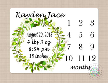 Baby Milestone Blanket Laurel Green Leaves Wreath Blanket Monthly Growth Tracker Boy Girl Newborn Baby Boy Blanket Baby Shower Gift B434-Sweet Blooms Decor