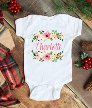 Baby One Piece Bodysuit Floral Wreath Personalized Baby Girl Outfit Baby Shower Gift Newborn Infant One-Piece Body Suit Baby Clothes 106-BODY SUITS & T-SHIRTS-Sweet Blooms Decor