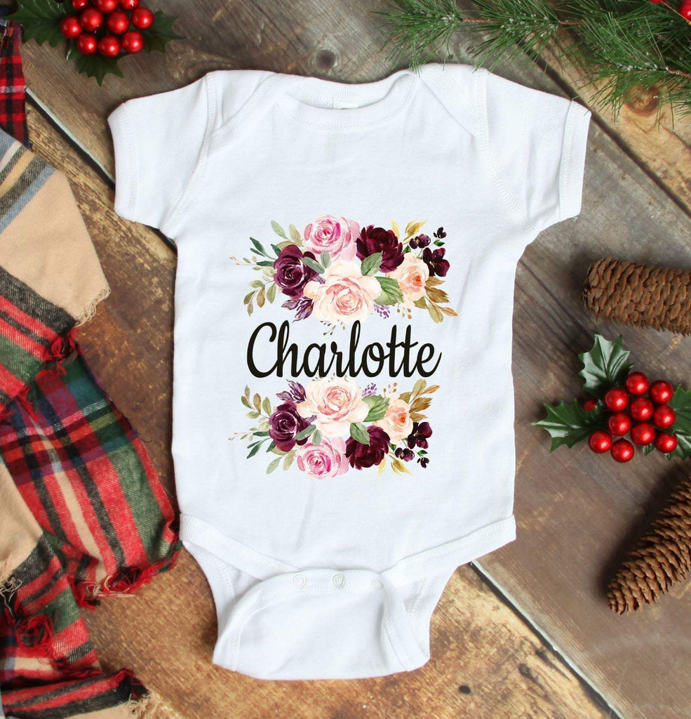 Baby One Piece Bodysuit Floral Wreath Personalized Pink Magenta Burgundy Purple Lavender Coral Red Flowers Baby Girl One-Piece Body Suit 119-BODY SUITS & T-SHIRTS-Sweet Blooms Decor