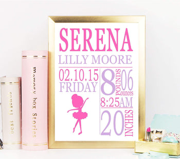 Ballerina Birth Print Pink Purple Birth Announcement Ballerina Dancer Girl Bedroom Decor Nursery Decor PRINT OR CANVAS 105-Sweet Blooms Decor