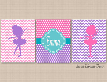 Ballerina Wall Art Pink Purple Teal Ballerina Bedroom Decor Dancers Chevron Polkadots Sister Twins Monogram UNFRAMED C382-Sweet Blooms Decor