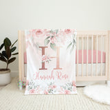 Blush Pink Floral Blanket, Pink Watercolor Flowers Rose Gold Name Blanket, Monogram Baby Girl Personalized Blanket, Baby Shower Gift B1433