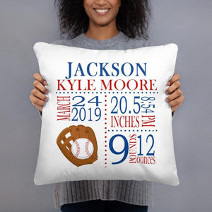 Baseball Birth Announcement Pillow Sports Personalized Birth Stats Throw Pillow Baby Shower Gift Baby Boy Red Nursery Decor Red Blue P190-Sweet Blooms Decor