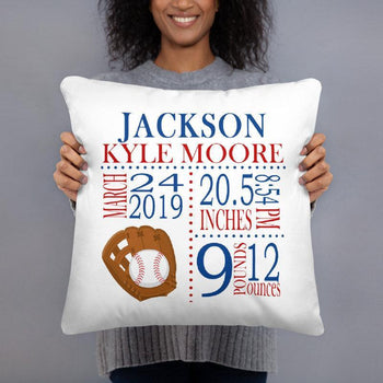 Baseball Birth Announcement Pillow Sports Personalized Birth Stats Throw Pillow Baby Shower Gift Baby Boy Red Nursery Decor Red Blue P190-Sweet Blooms Decor