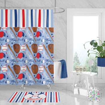 Baseball Shower Curtain Baseball Bathroom Decor Red Navy Blue Stripes Baseball Bat Glove Boy Bathroom Kids Bathroom Bath Mat Towel S116