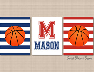 Basketball Wall Decor Sports Nursery Wall Art Navy Blue Red Stripes Name Monogram Boys Kids Bedroom Decor Twins C498-Sweet Blooms Decor