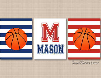 Basketball Wall Decor Sports Nursery Wall Art Navy Blue Red Stripes Name Monogram Boys Kids Bedroom Decor Twins C498-Sweet Blooms Decor