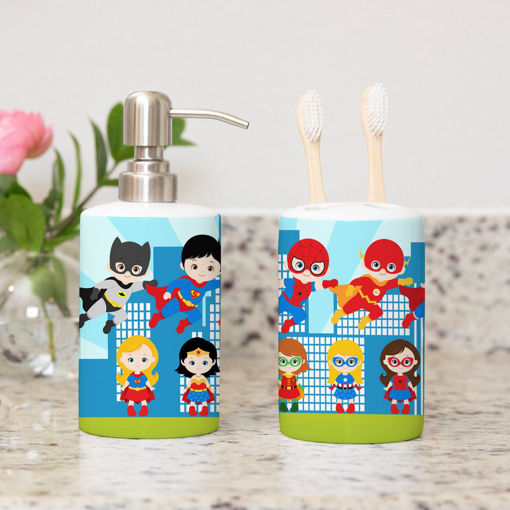 Superhero Girl Boy Toothbrush Holder and Soap Dispenser, Kids Bathroom Decor