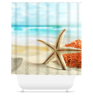 Beach Shower Curtain Ocean Starfish Nautical Waves Coastal Blue Sand  Hawaii Beach Bathroom Decor Modern Guest Girls Bathroom P34