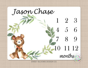 Bear Milestone Blanket Baby Boy Woodland Personalized Blanket Monthly Growth Tracker Newborn Photo Prop Baby Shower Gift Leaves Wreath 734