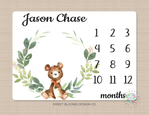 Bear Milestone Blanket Baby Boy Woodland Personalized Blanket Monthly Growth Tracker Newborn Photo Prop Baby Shower Gift Leaves Wreath 736