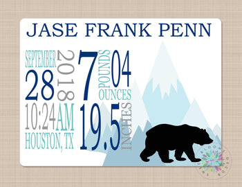 Bear Mountain Blanket Baby Boy Birth Announcement Birth Stats Photo Prop Personalized Newborn Bedding Nursery Baby Shower Gift  B523