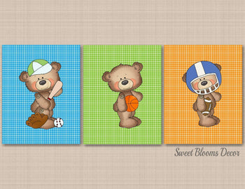 Bear Sports Nursery Wall Art Baseball Basketball Football Green Blue Orange Kids Room Bedroom Decor Playroom C334-Sweet Blooms Decor