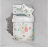 Coral Mint Green Teal Gray Floral Bedding Set, Pillow Shams, Throw Pillow